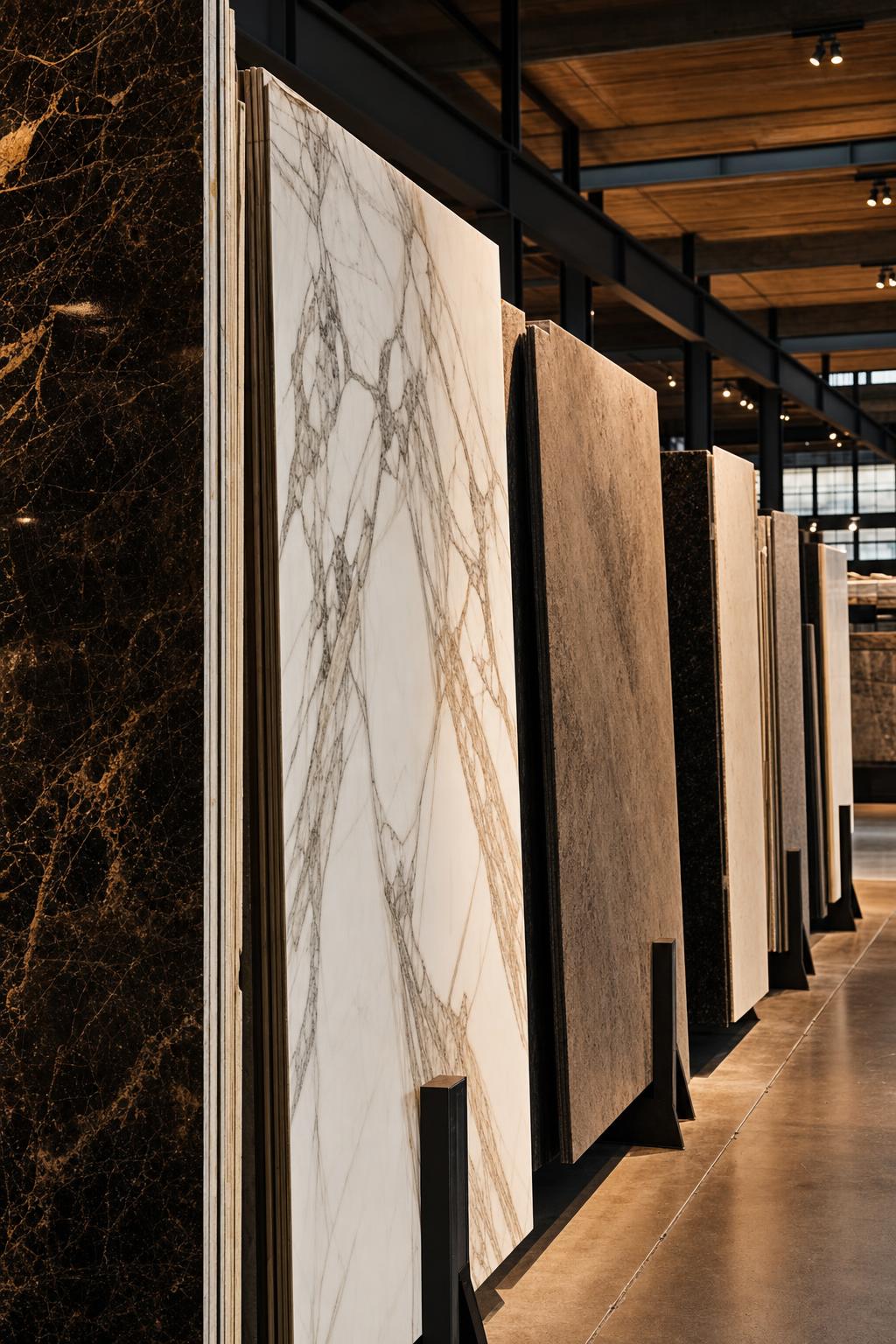 Natursteinplatten im Showroom, gestapelt auf Stellagen